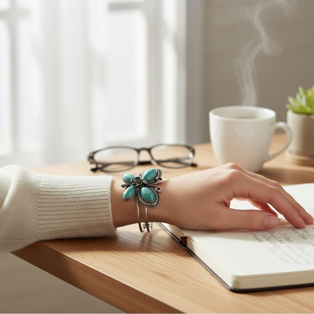 Butterfly Cuff Bracelet Silver Tone Turquoise Stones Boho Western Jewelry